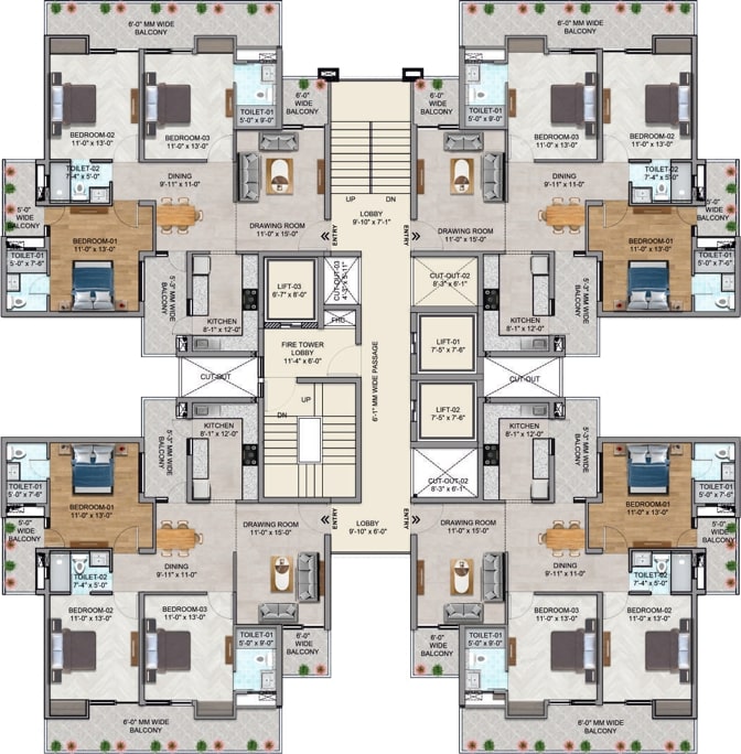 Cluster Plan 3 BHK Category 1